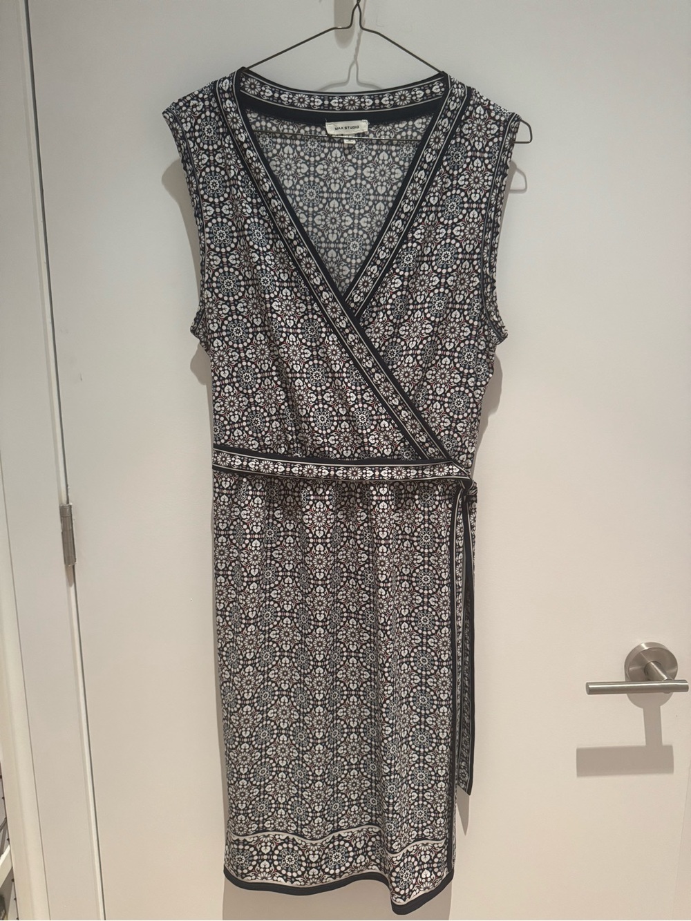 Max Studio Black and White Sleeveless Wrap-Style Midi Dress